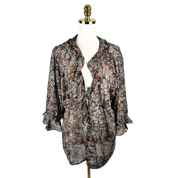 Club Z Collection Tops - VTG Y2K Club Z Collect. Sheer Floral Ruffle Tie Front Blouse Swim Cover Plus 2X